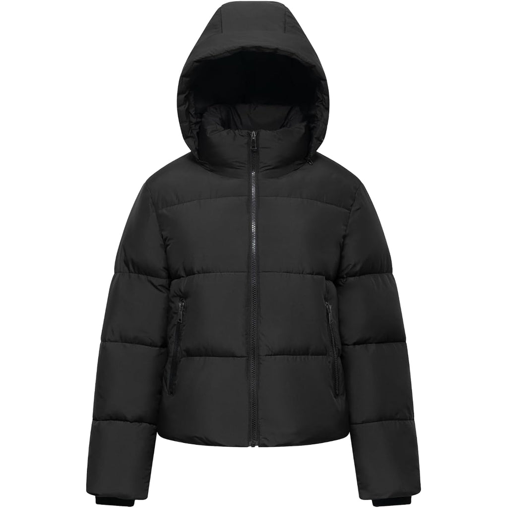 Puffit Women'S Cropped Puffer Jackets,Warm Winter Jacket With Removable Hood,Zipped Pockets,Short Ladies Quilted Coat