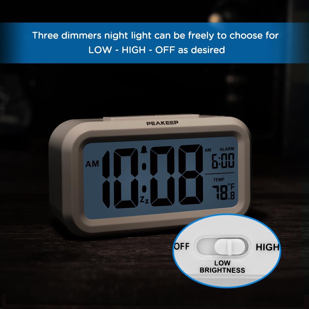 Peakeep Night Light Digital Alarm Clock Battery Operated Indoor Temperature | Small Cordless Cute Clock For Bedroom Desk Travel, Simple To Use For Teens Kids (White)
