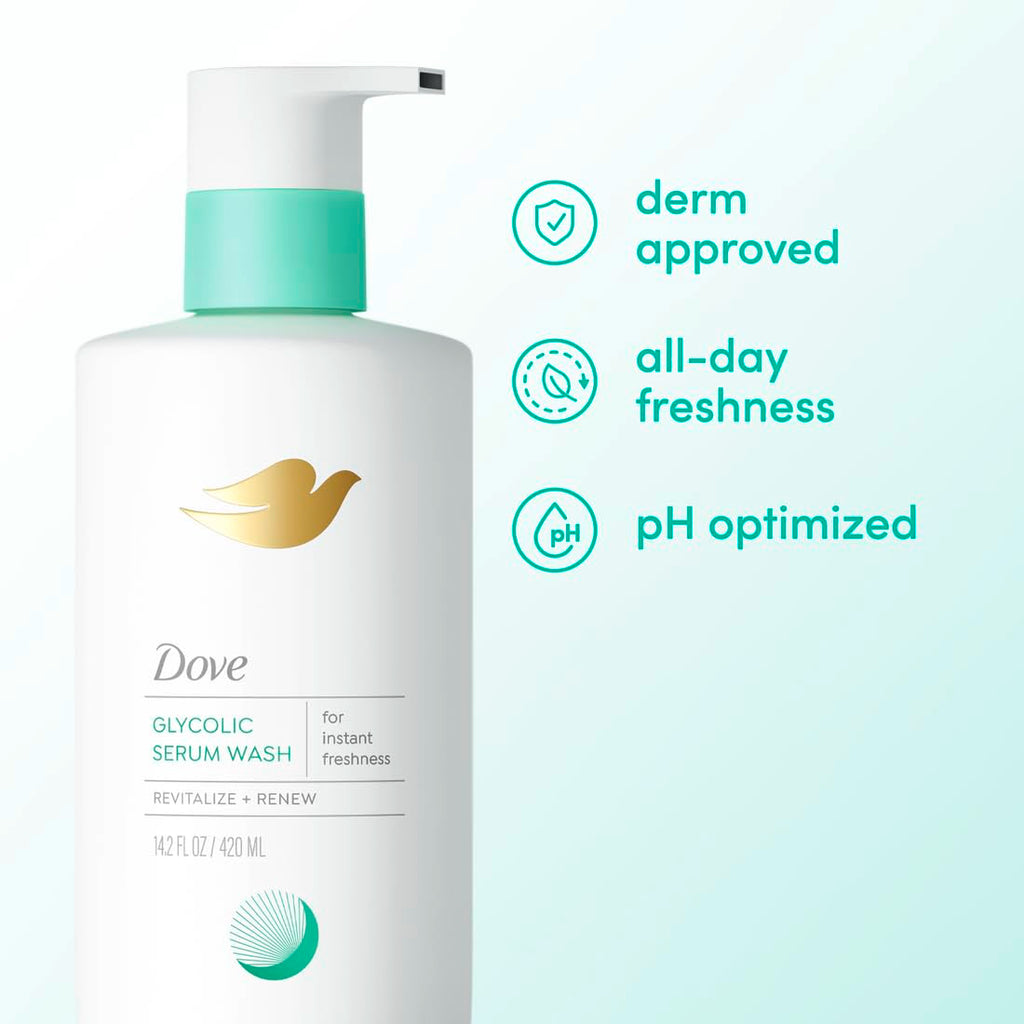 Dove Glycolic Serum Body Wash For Women, 14.2 Oz | 2% Glycolic Acid Body Wash That Helps Control Odor, Smooth Skin Texture And Support Freshness During Hormonal Changes