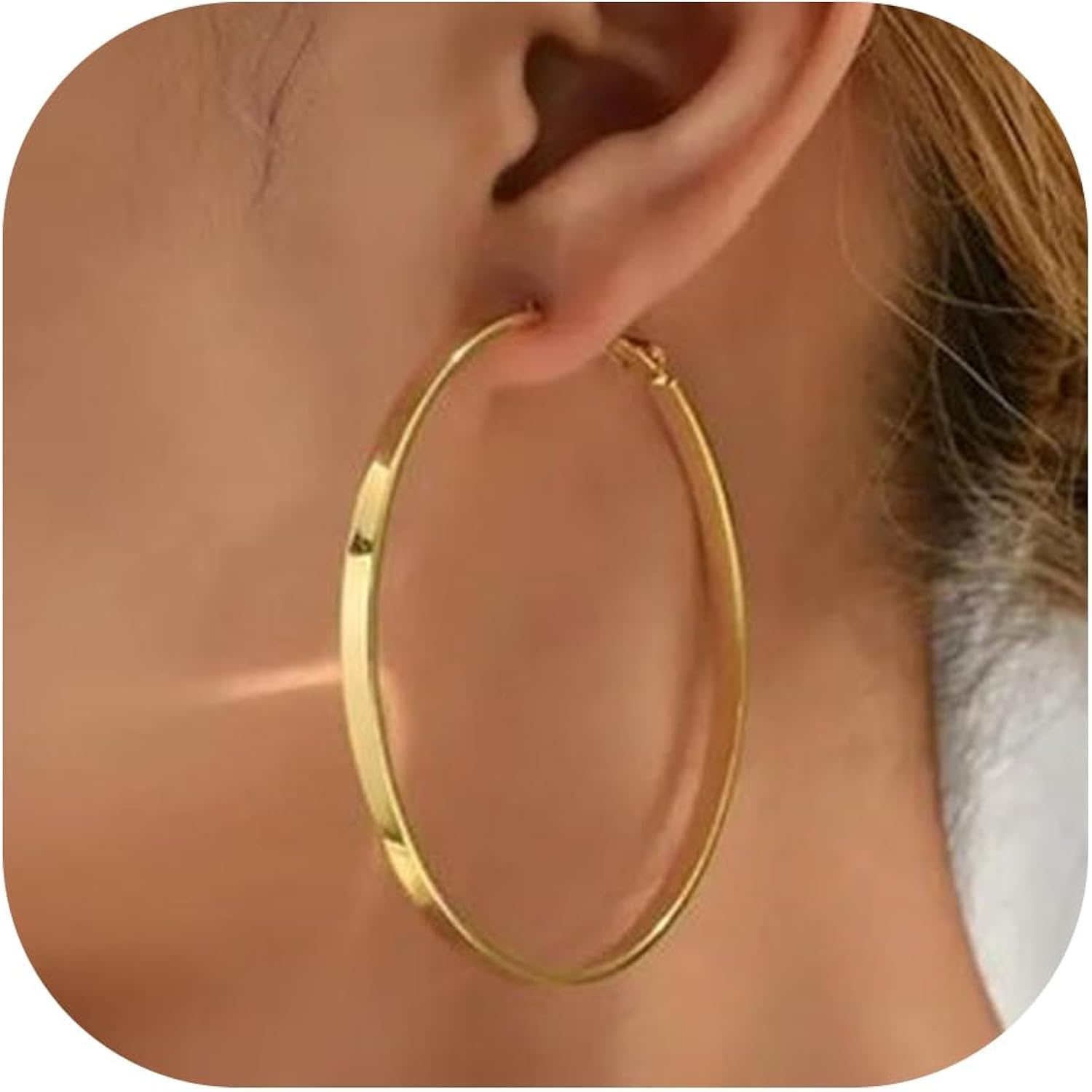 IDJEOABL 5mm Wide Gold Hoop Earrings for Women Trendy 14K Gold Plated Large Big Flat Hoop Earrings Non Tarnish Everyday Earrings Jewelry for Women