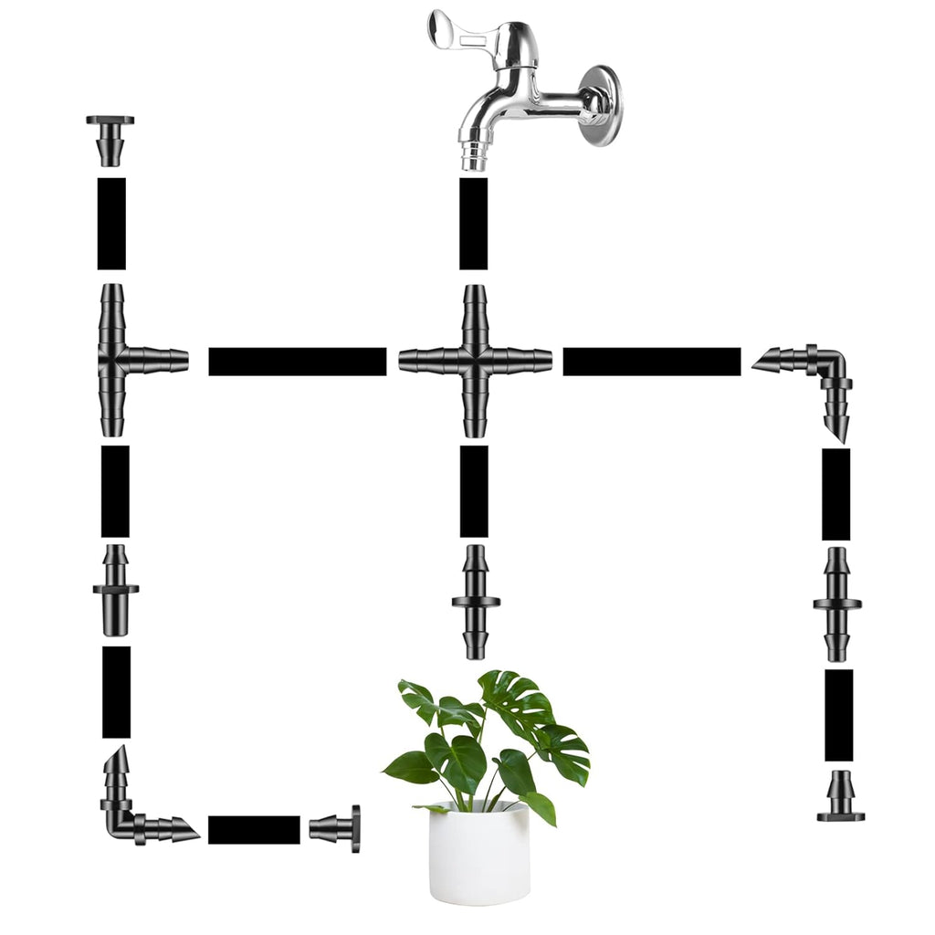 300 Pcs Barbed Connectors Drip Irrigation Fittings Kit, 1/4" Drip Irrigation Kit For Garden Flower Pot Greenhouse Lawn (Straight Barbs,Single Barbs,Tees,Elbows,End Plug,4-Way Coupling)
