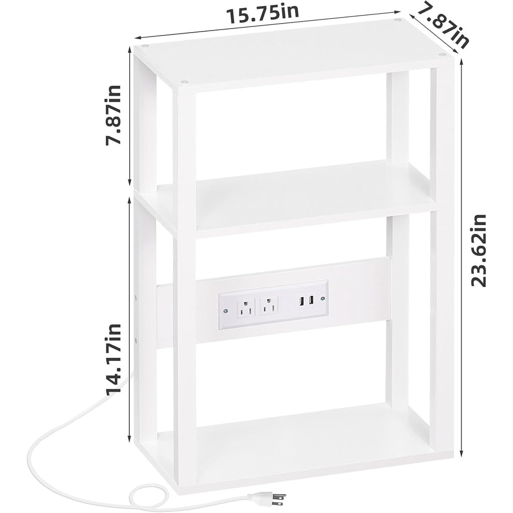 3-Tier Small Narrow Wood Side Table With Charging Station, Skinny Nightstand For Small Space, Slim Bedside Table With Storage For Couch, Thin End Table With Usb Ports And Outlets, White