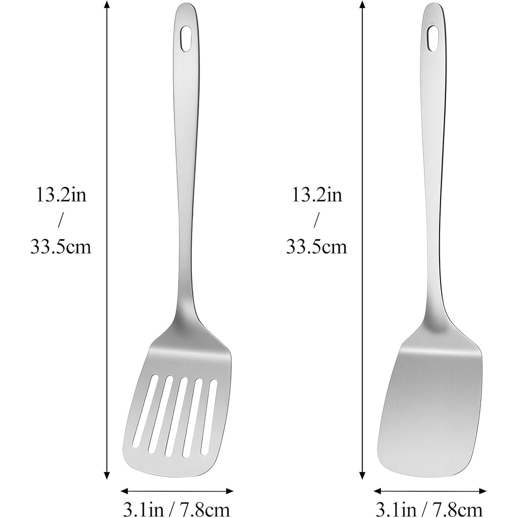 2Pcs Metal Spatula Set - Stainless Steel Spatula Solid & Slotted Turner Flipper For Kitchen Use, Heat Resistant Kitchen Cooking Utensils For Flipping Fish, Eggs, Pancakes, Dishwasher Safe