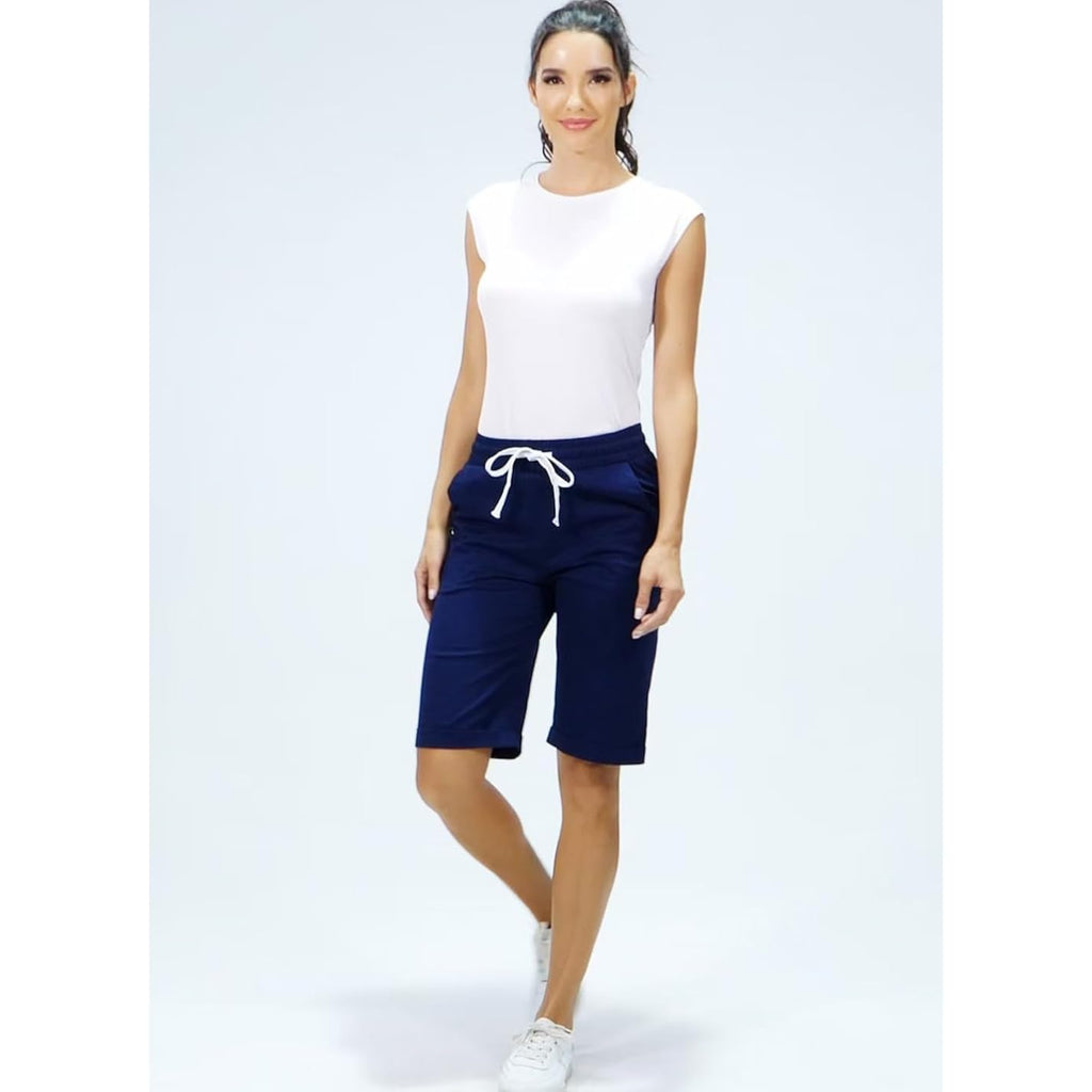 Shorts for Women Cotton Bermuda Shorts with Pockets Elastic Waist Knee Length Casual Athletic Walking Shorts