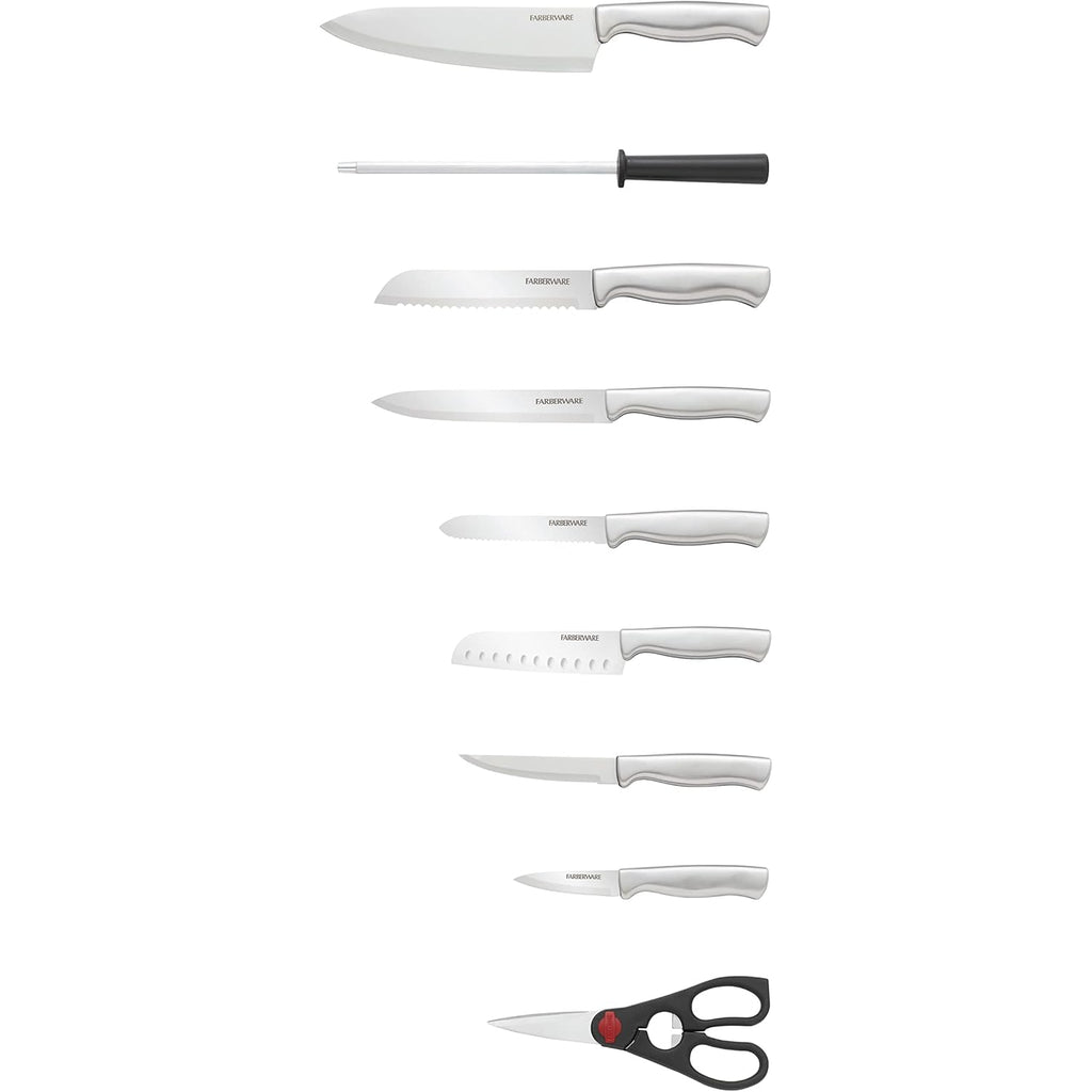 Farberware 15-Piece Kitchen Knife Set, High-Carbon Stainless Steel Blades with Wood Block, Steak Knives, Sharpening Tool & All-Purpose Shears, Razor Sharp, Ergonomic Stainless Steel Handles