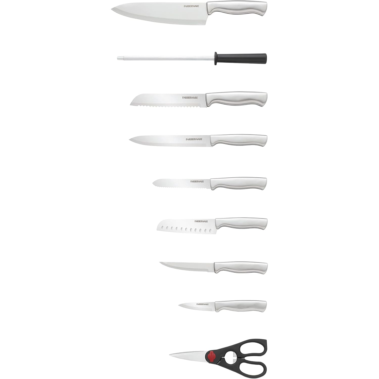 Farberware 15-Piece Kitchen Knife Set, High-Carbon Stainless Steel Blades with Wood Block, Steak Knives, Sharpening Tool & All-Purpose Shears, Razor Sharp, Ergonomic Stainless Steel Handles
