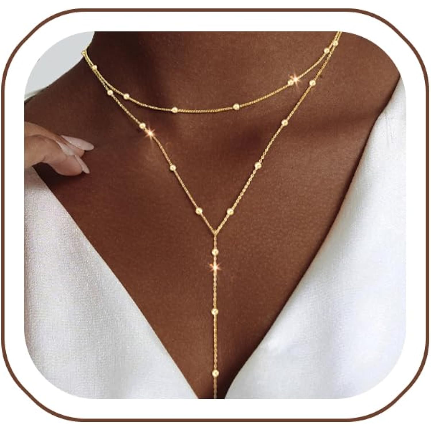Luxval Lariat Gold Necklace for Women, Dainty Long Necklace 14k Gold Plated/Silver Y-Shaped Pendant Necklaces Trendy Beaded Chain Drop Necklaces Jewelry for Women Gifts