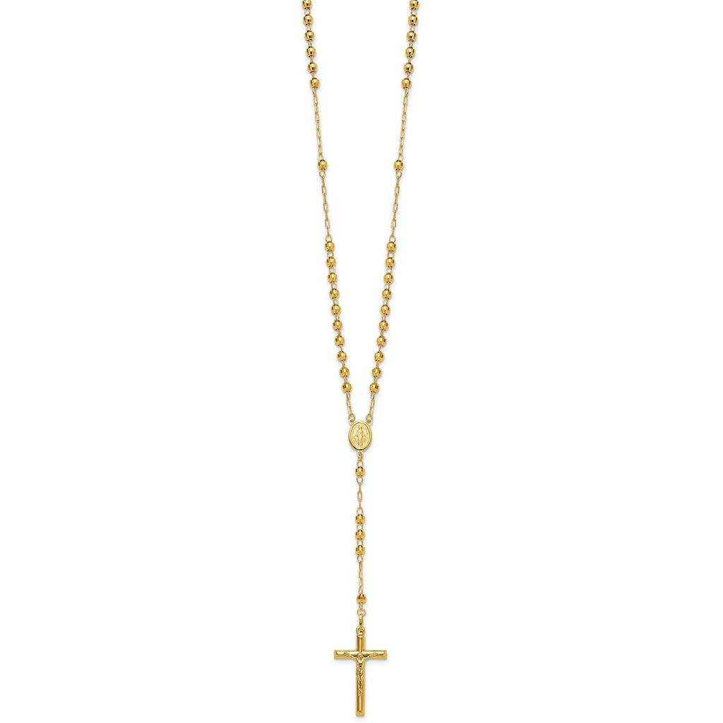 Handcrafted Real Gold Crucifix Necklace with 4mm Beaded Chain Featuring Virgin Mary Centerpiece and Polished Cross Pendant for Men and Women Spiritual Catholic Christian Jewelry Devotion Wear