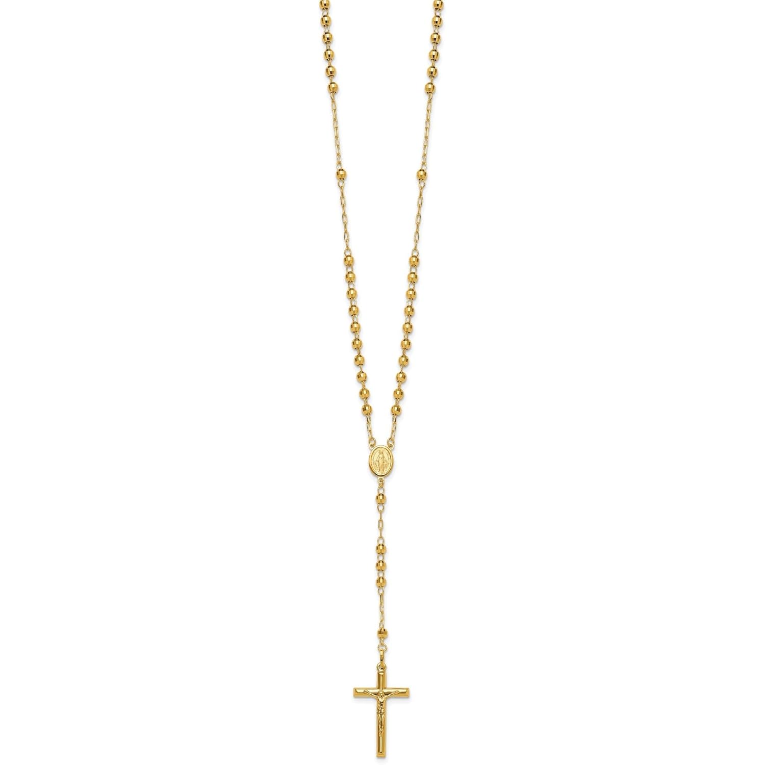 Handcrafted Real Gold Crucifix Necklace with 4mm Beaded Chain Featuring Virgin Mary Centerpiece and Polished Cross Pendant for Men and Women Spiritual Catholic Christian Jewelry Devotion Wear