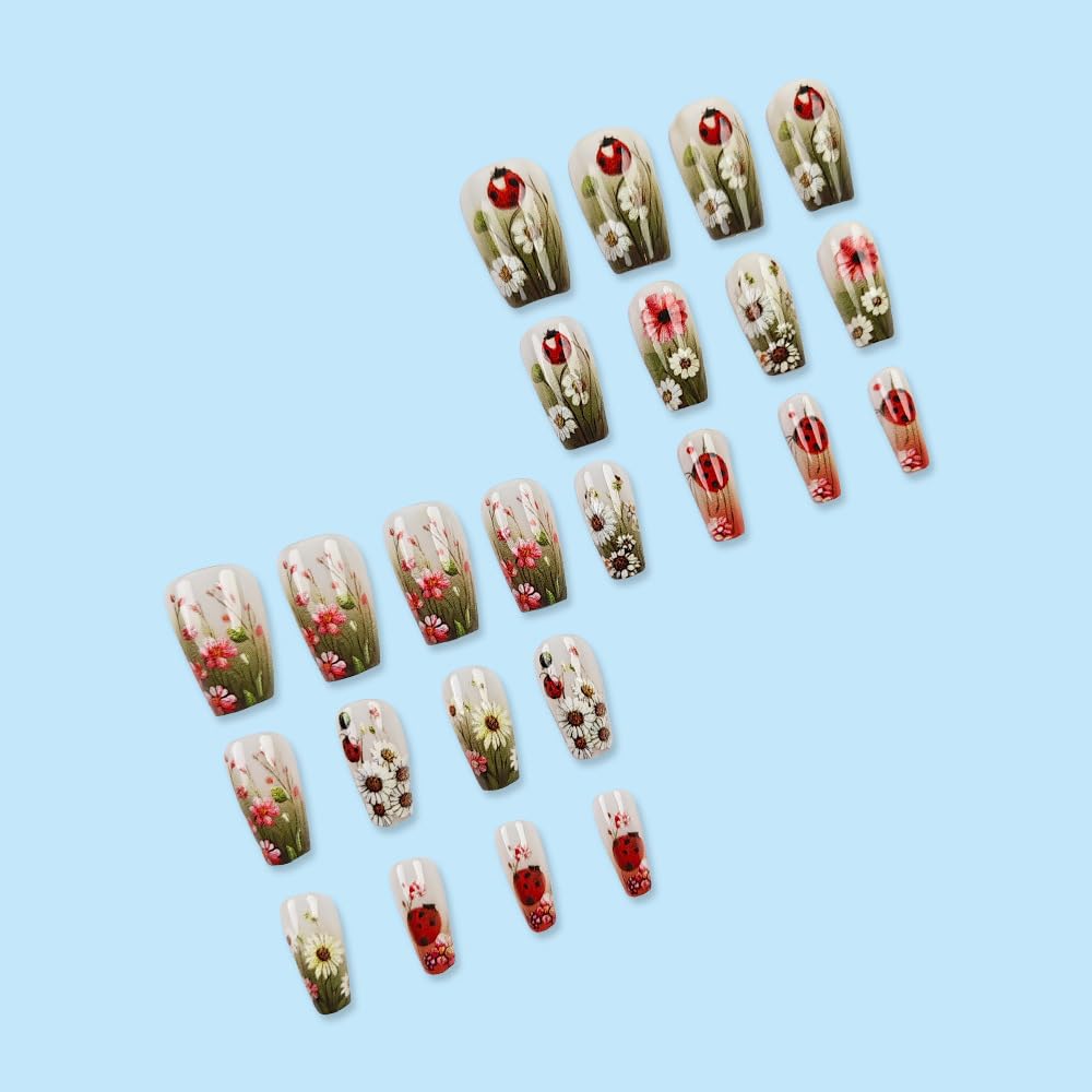 Spring Press on Nails Square Medium Length Fake Nails Daisy Flowers Acrylic Nails Green Leaf Floral False Nails Gradient Coffin Artificial Nails Glossy Glue on Nails for Women Nails Decoration 24Pcs