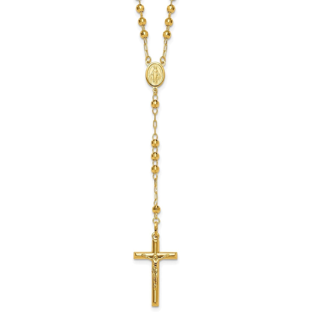 Handcrafted Real Gold Crucifix Necklace with 4mm Beaded Chain Featuring Virgin Mary Centerpiece and Polished Cross Pendant for Men and Women Spiritual Catholic Christian Jewelry Devotion Wear