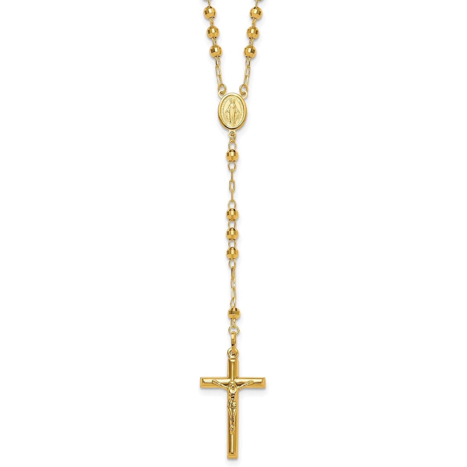 Handcrafted Real Gold Crucifix Necklace with 4mm Beaded Chain Featuring Virgin Mary Centerpiece and Polished Cross Pendant for Men and Women Spiritual Catholic Christian Jewelry Devotion Wear
