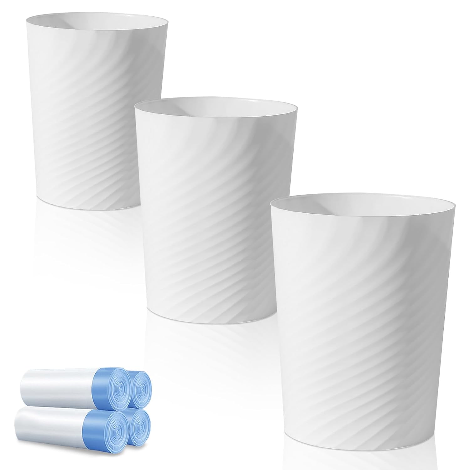 Bathroom Small Trash Can With Trash Bag Plastic Garbage Can Round Waste Basket For Bathrooms, Laundry Room, Kitchens, Offices, Kids Rooms, Dorms, 1.8 Gallons, 3 Pack (White)