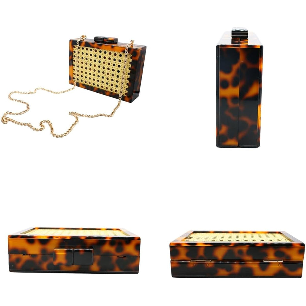 RomanticDesign Women Acrylic Handbag Rattan Woven Pattern Square Box Crossbody Handbag Shoulder Bag Chain Purse