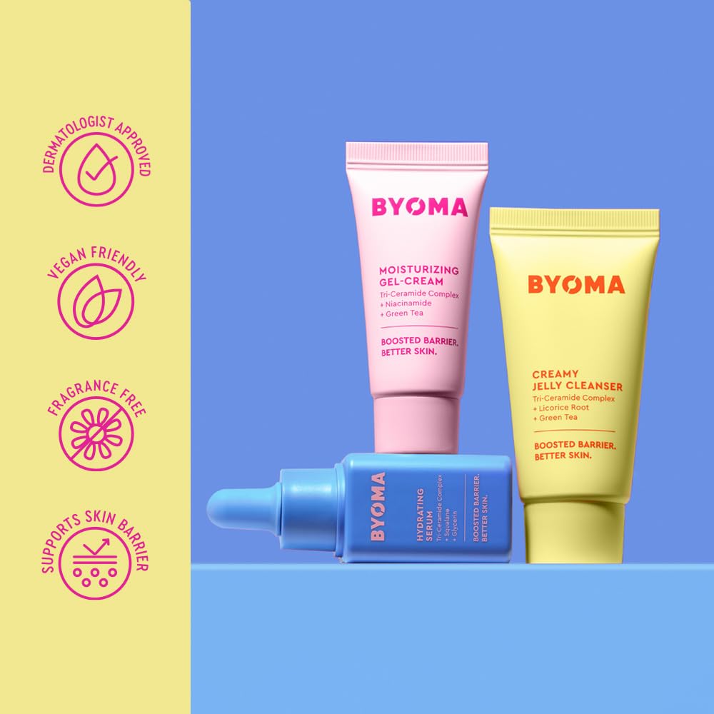 Byoma So Hydrating Set - Barrier Repair Skincare Set - Creamy Jelly Cleanser, Hydrating Face Serum & Ceramide Face Moisturizer For Dry Skin - Anti Wrinkle, Alcohol Free Skin Care - 30Ml, 15Ml, 15Ml