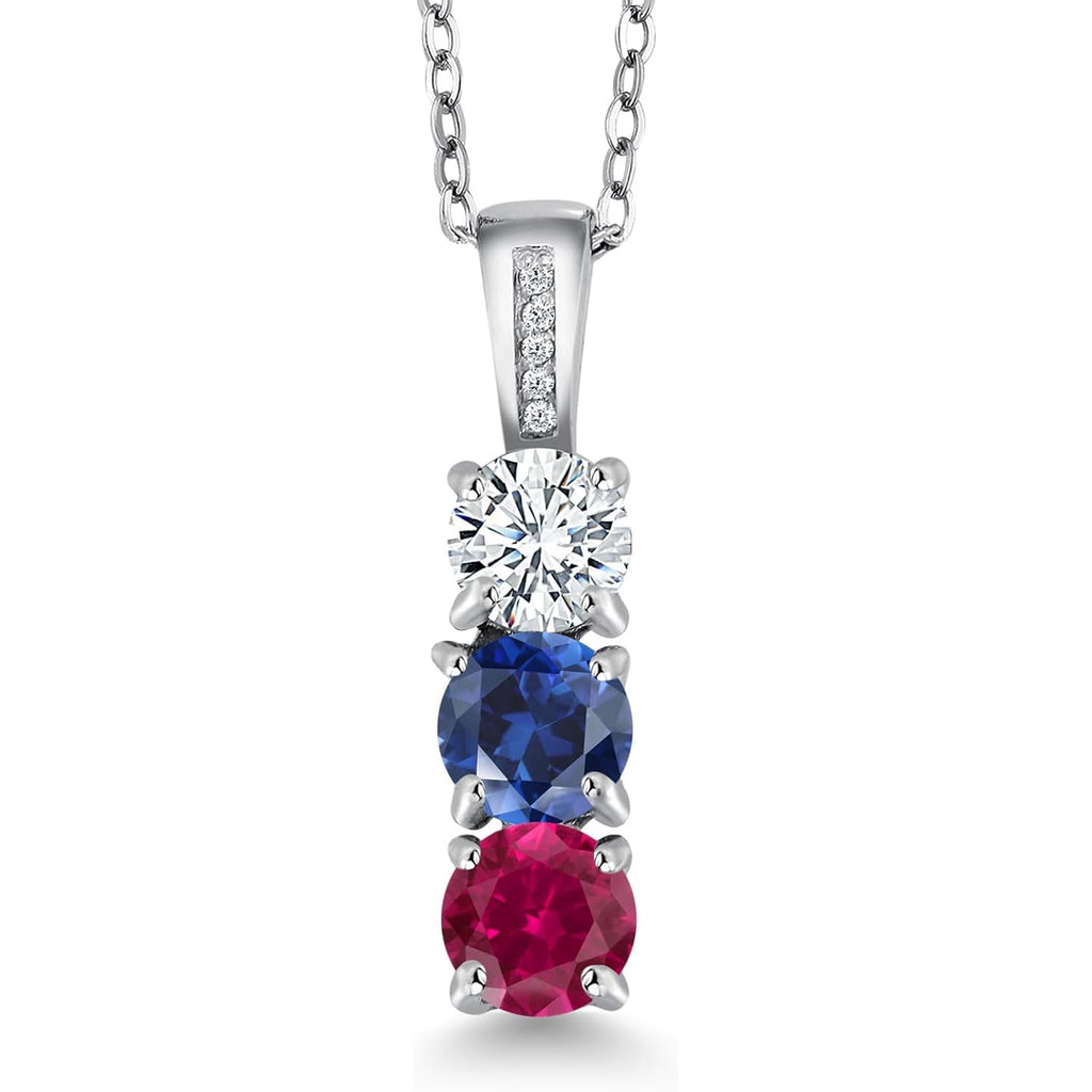 Gem Stone King Customized and Personalized Diamond and 3 Gemstone Birthstone Mother Necklaces In 925 Sterling Silver | 3-Stone Pendant Necklace For Women | Round 5MM | With 18 Inch Silver Chain