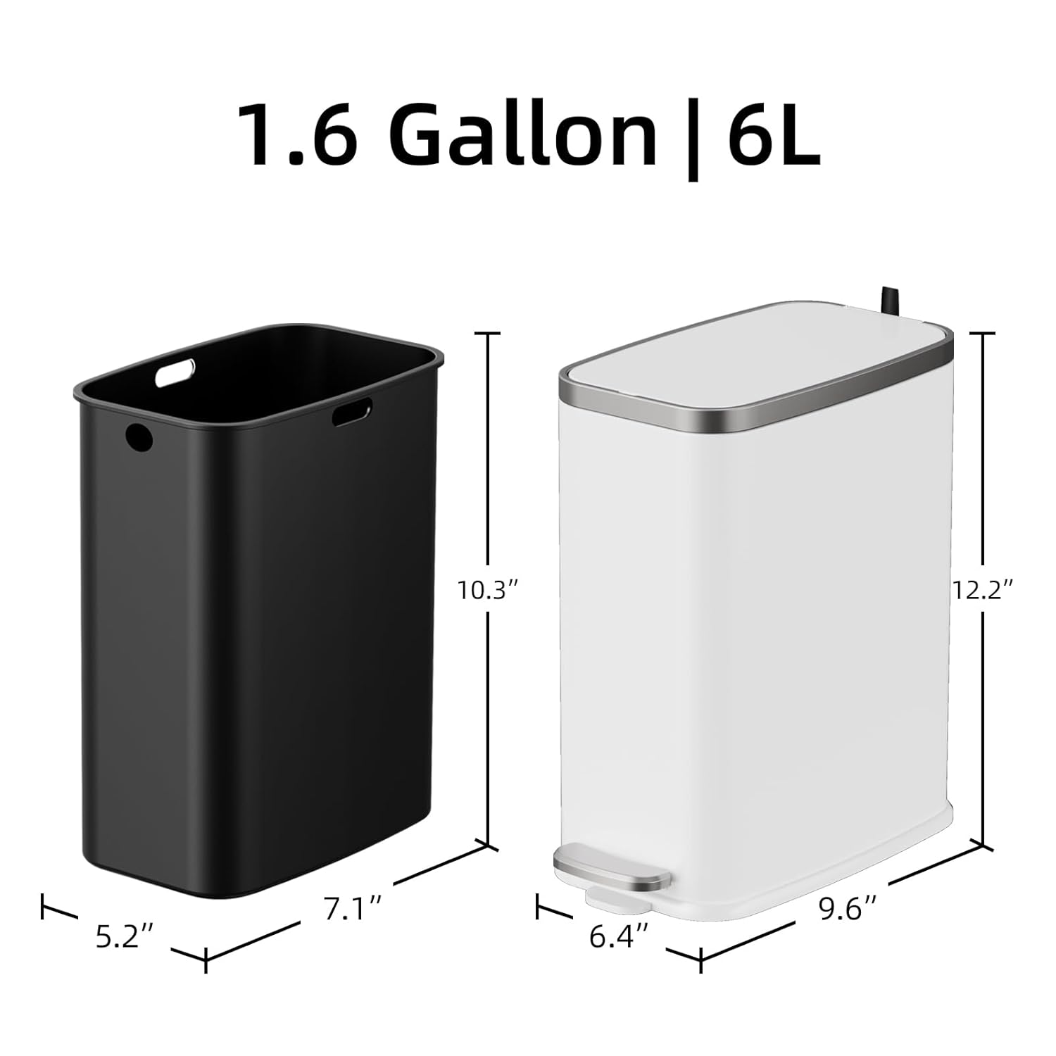 Stainless Steel Bathroom Trash Can With Lid Soft Close,1.6 Gallon Slim Garbage Can,Small Metal Step Wastebasket For Office, Bedroom, Toilet, White