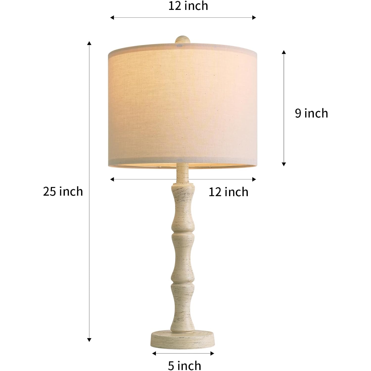 Bobomomo 25" Farmhouse Bedside Lamps Set Of 2, Vintage Nightstand Lamps With Antique White Resin Base & Linen Shade, Standard Table Lamps For Bedroom, Living Room, End Table & House Décor