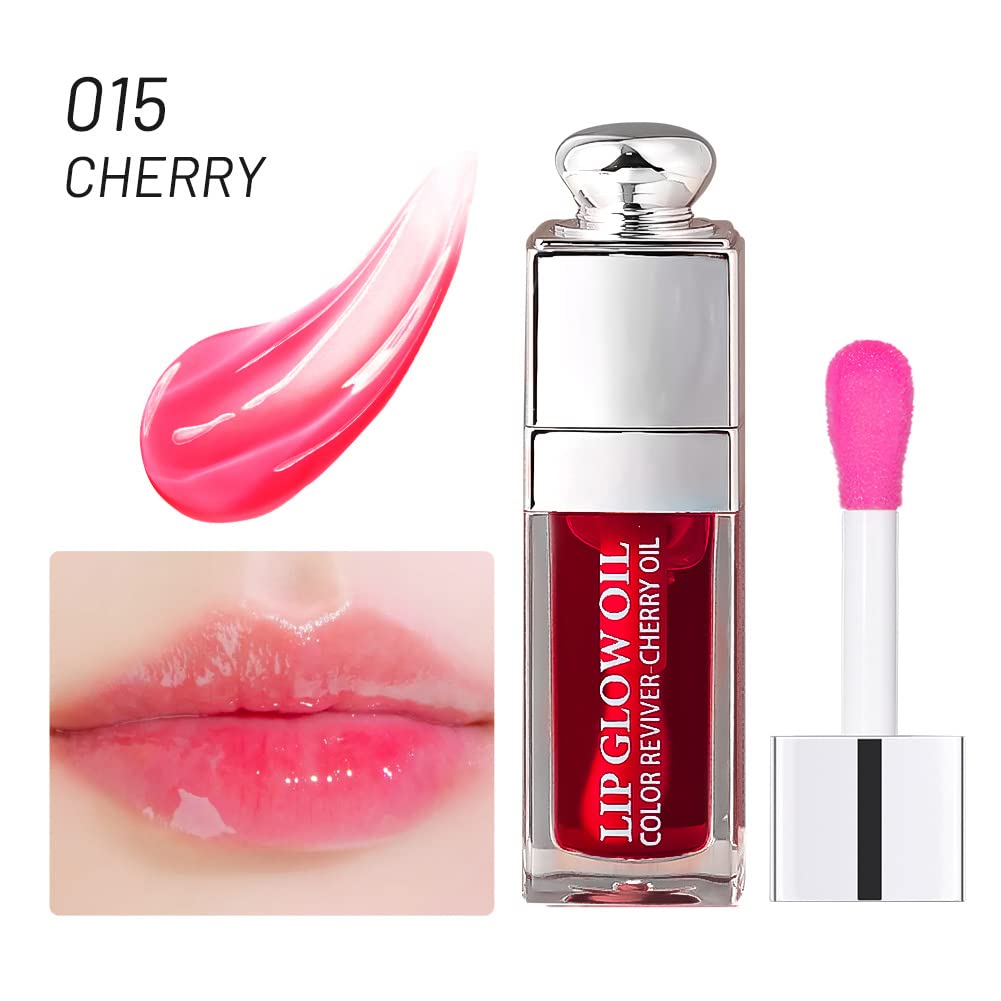 GECOMO Hydrating Lip Glow Oil, Lip Oil Gloss Transparent Toot Tinted Nourishing Long Lasting Repairing Lightening Lip Lines (CHERRY) 0.2 OZ