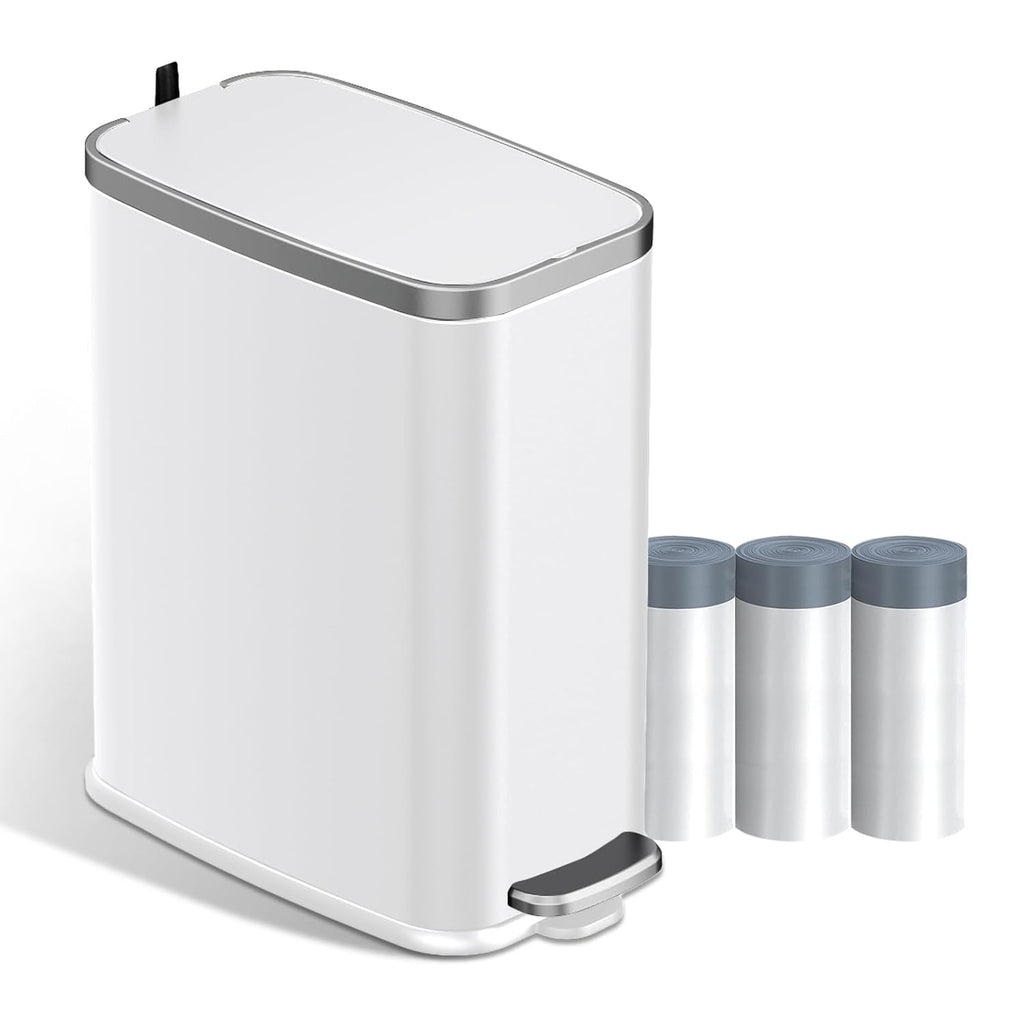 Stainless Steel Bathroom Trash Can With Lid Soft Close,1.6 Gallon Slim Garbage Can,Small Metal Step Wastebasket For Office, Bedroom, Toilet, White