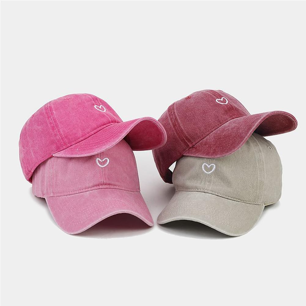 Cute Heart Hats for Women Vintage Washed Cotton Embroidered Baseball Cap Adjustable Low Profile Dad Hat