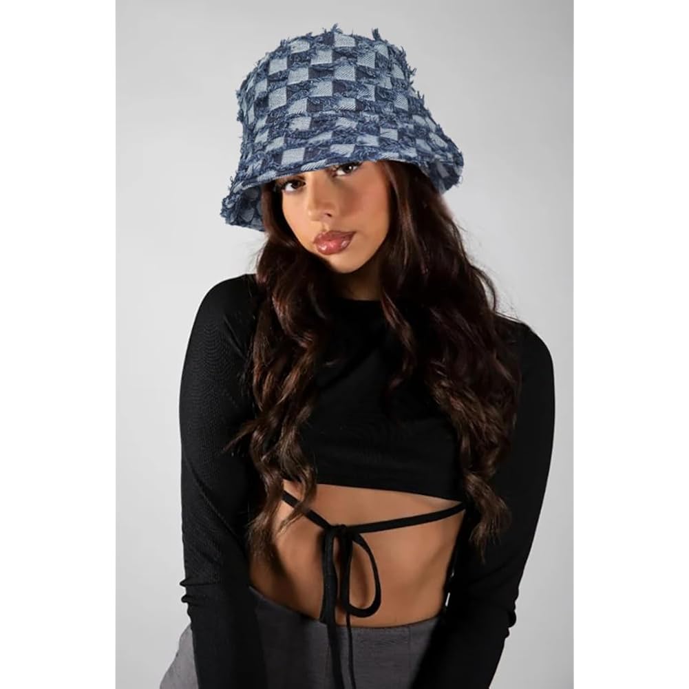 Women'S Vintage Denim Washed Cotton Bucket Hat Cowboy Checkerboard Fishermen Hat Outdoor Sun Cap