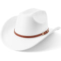 Western Cowboy Hats for Women Classic Felt Wide Brim Fedora Hat with Belt Buckle Retro Panama Hat Unisex Rolled up Cap Suede Cowboy Hats : White