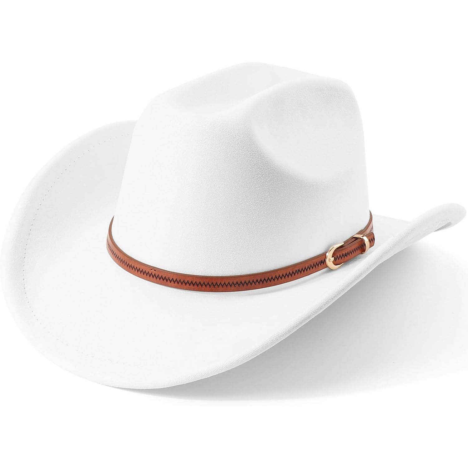 Western Cowboy Hats for Women Classic Felt Wide Brim Fedora Hat with Belt Buckle Retro Panama Hat Unisex Rolled up Cap Suede Cowboy Hats : White