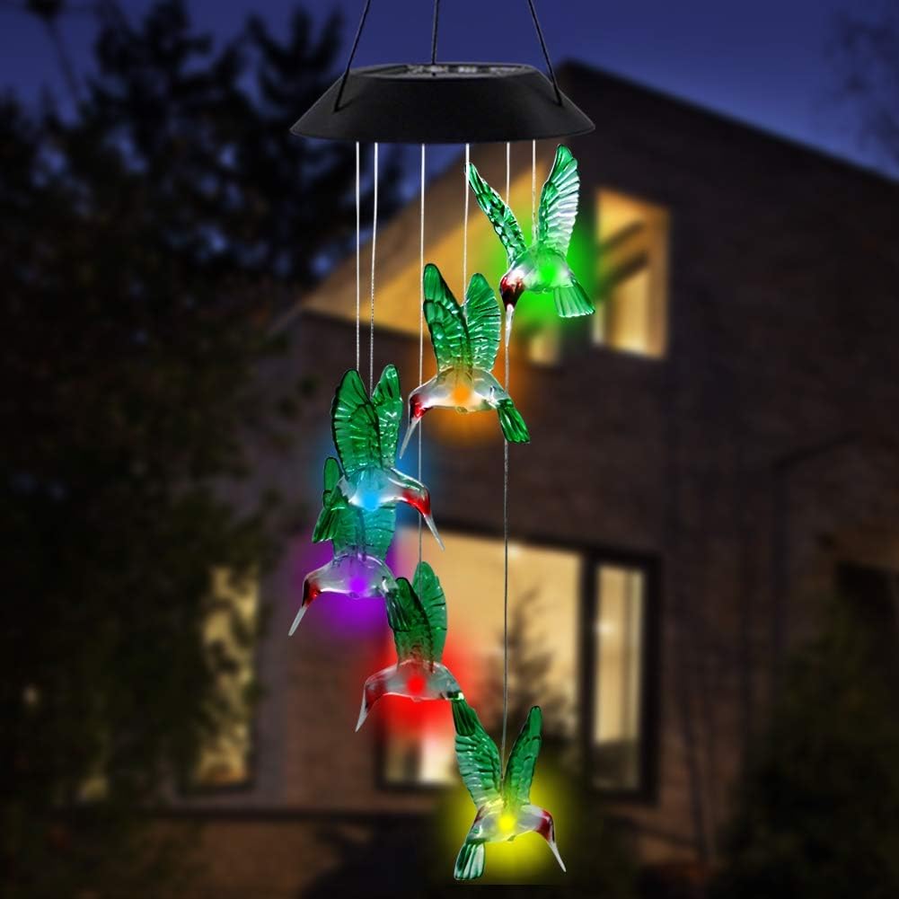 Mortime Led Solar Hummingbird Wind Chime, 25" Mobile Hanging Wind Chime For Home Garden Decoration, Automatic Light Changing Color(Hummingbird)