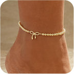Gold Ankle Bracelets for women,14k Gold/Silver Plated Waterproof Layered lightweight Bow Beaded Twisted Chain Cross Butterfly Satellite Ankle Bracelets Set Gold Anklets for women Trendy Summer Beach Jewelry Gift for Women