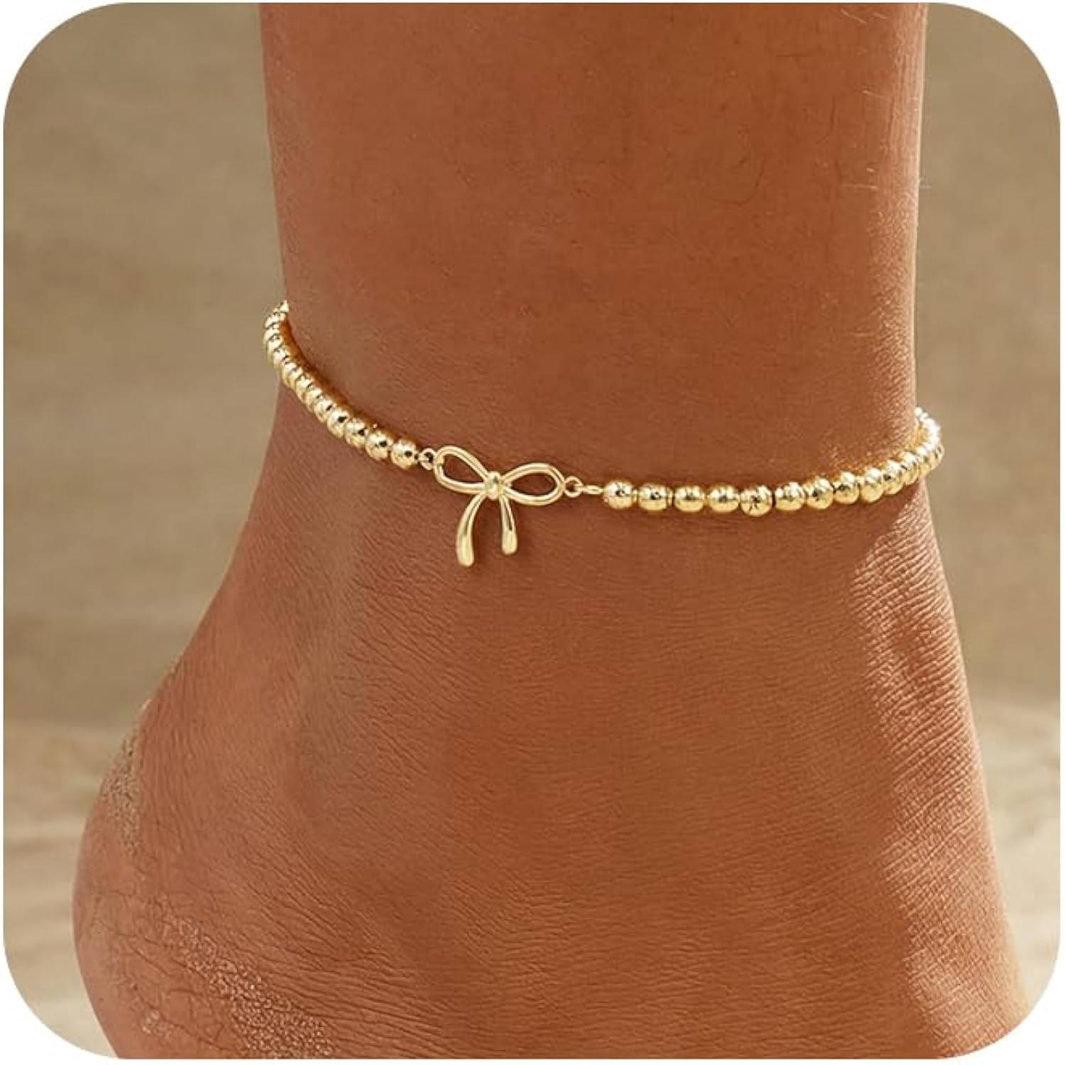 Gold Ankle Bracelets for women,14k Gold/Silver Plated Waterproof Layered lightweight Bow Beaded Twisted Chain Cross Butterfly Satellite Ankle Bracelets Set Gold Anklets for women Trendy Summer Beach Jewelry Gift for Women