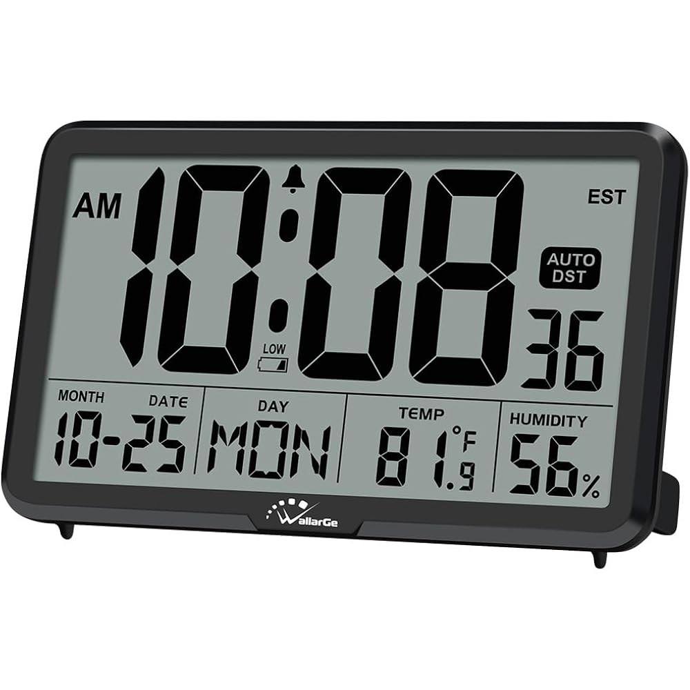 Auto Set Digital Wall Clock Battery Operated, Desk Clocks With Temperature, Humidity And Date, Large Display Digital Calendar Alarm Clock For Elderly, Bedroom, Office, 8 Time Zone, Auto Dst.