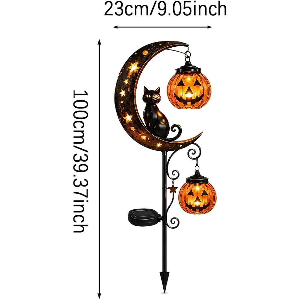 Solar Halloween Black Cat & Pumpkin Moon Garden Stake Light, Outdoor Waterproof Led Yard Decoration With Crescent Moon, Hanging Jack-O'-Lantern Lantern For Garden, Patio, Walkway, Porch (Style C)