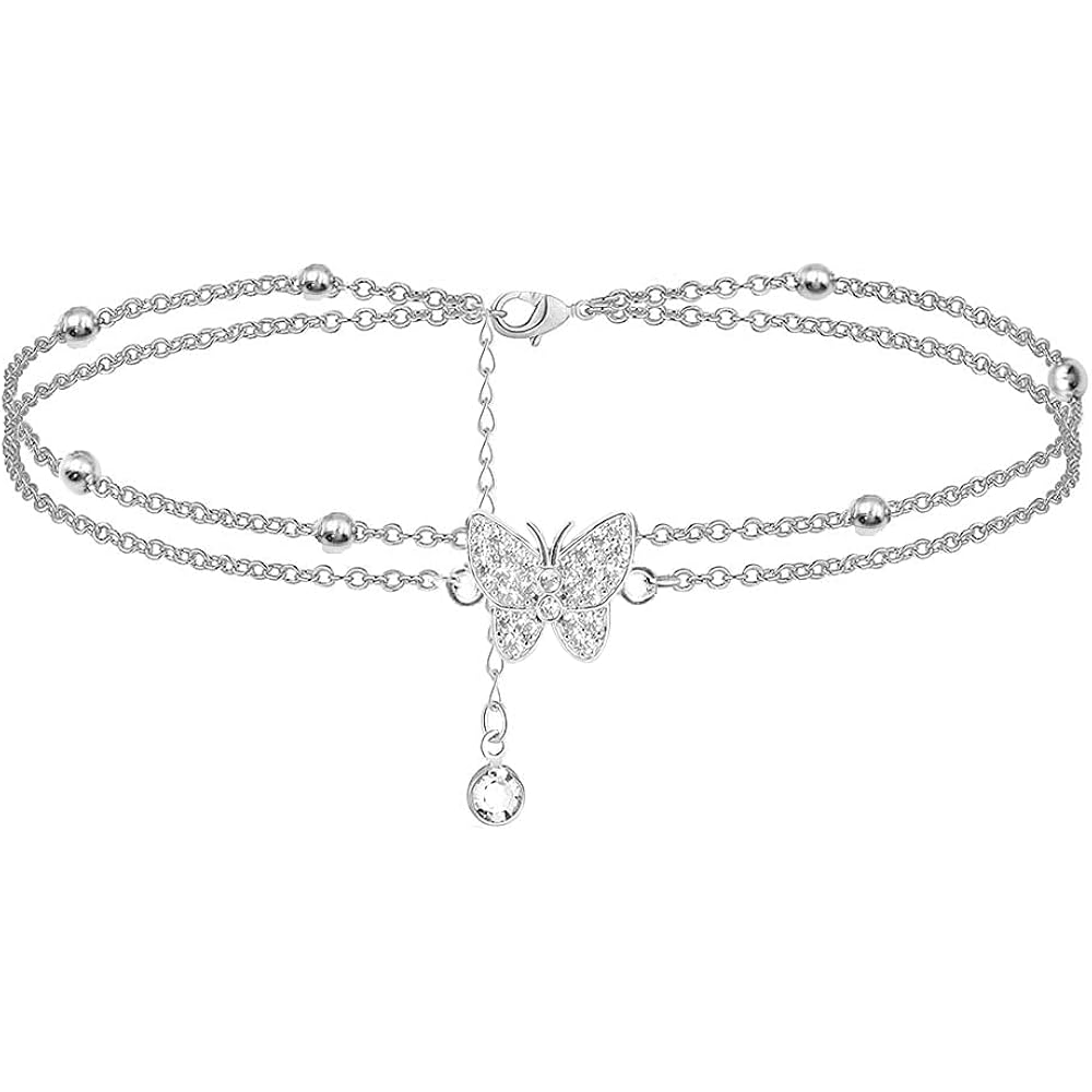 Silver Ankle Bracelets for Women,14K Heart Double Layer Women's Anklets Adjustable Beach Anklets Gifts Jewelry for Women Teen Girls (mit gift box)…