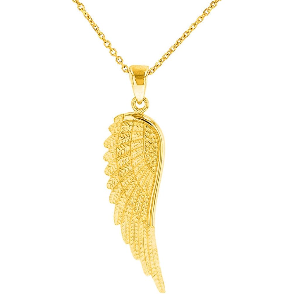 Solid 14k Yellow Gold Textured Angel Wing Charm Pendant Necklace