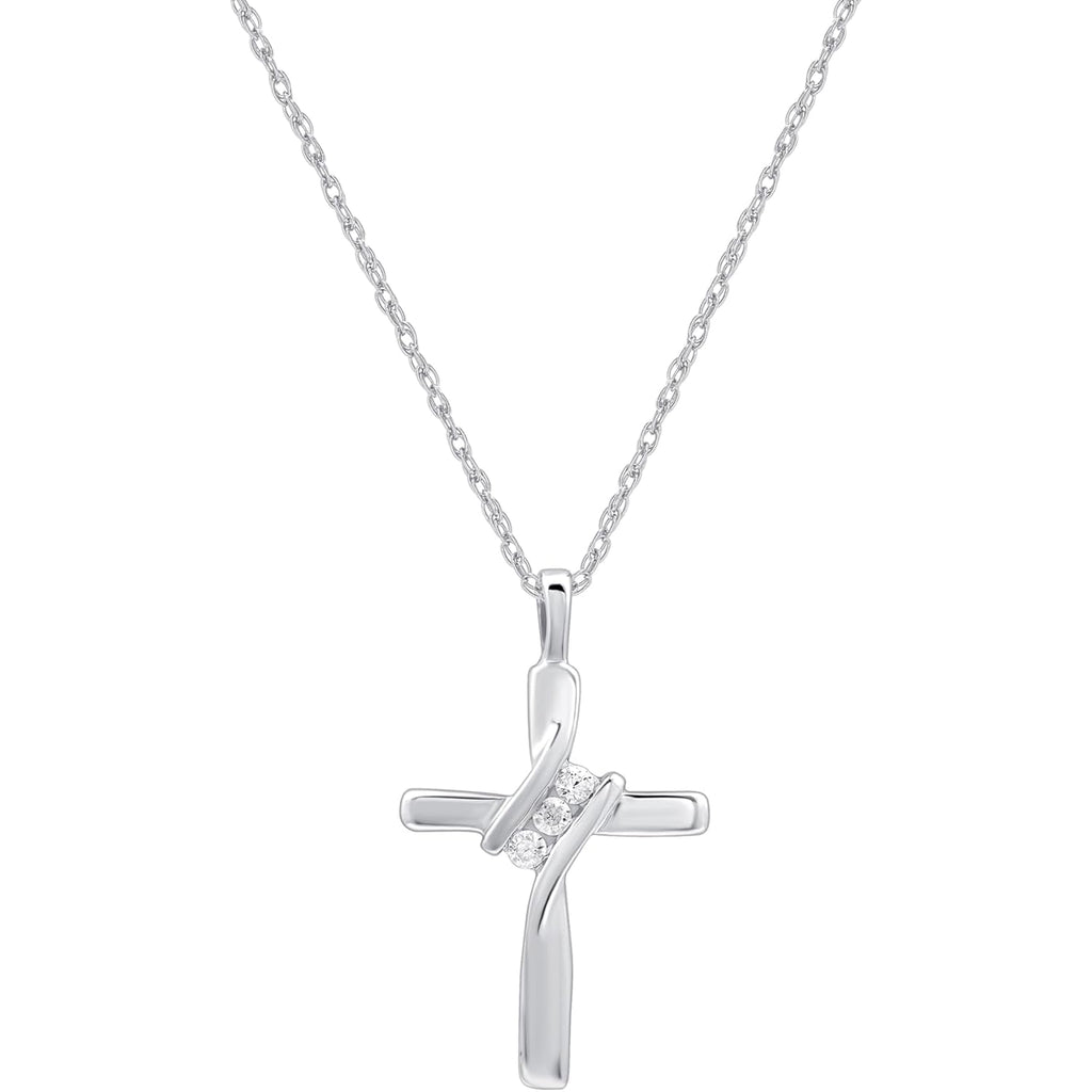 GILDED Small 10K White Gold Natural Round-Cut Diamond Accent (I-J Color, I2-I3 Clarity) 3 Stone Cross Pendant-Necklace,18"