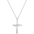 GILDED Small 10K White Gold Natural Round-Cut Diamond Accent (I-J Color, I2-I3 Clarity) 3 Stone Cross Pendant-Necklace,18"