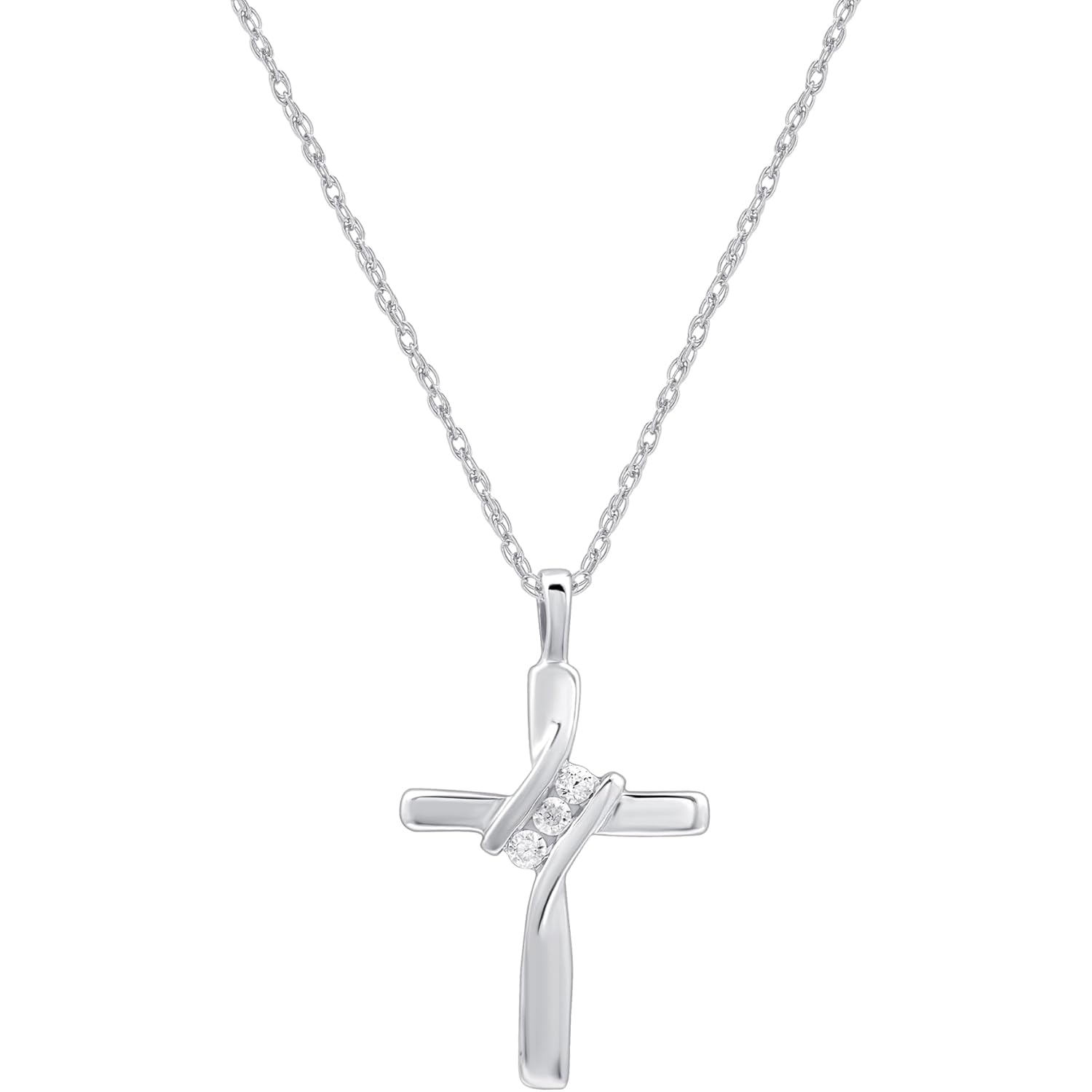 GILDED Small 10K White Gold Natural Round-Cut Diamond Accent (I-J Color, I2-I3 Clarity) 3 Stone Cross Pendant-Necklace,18"