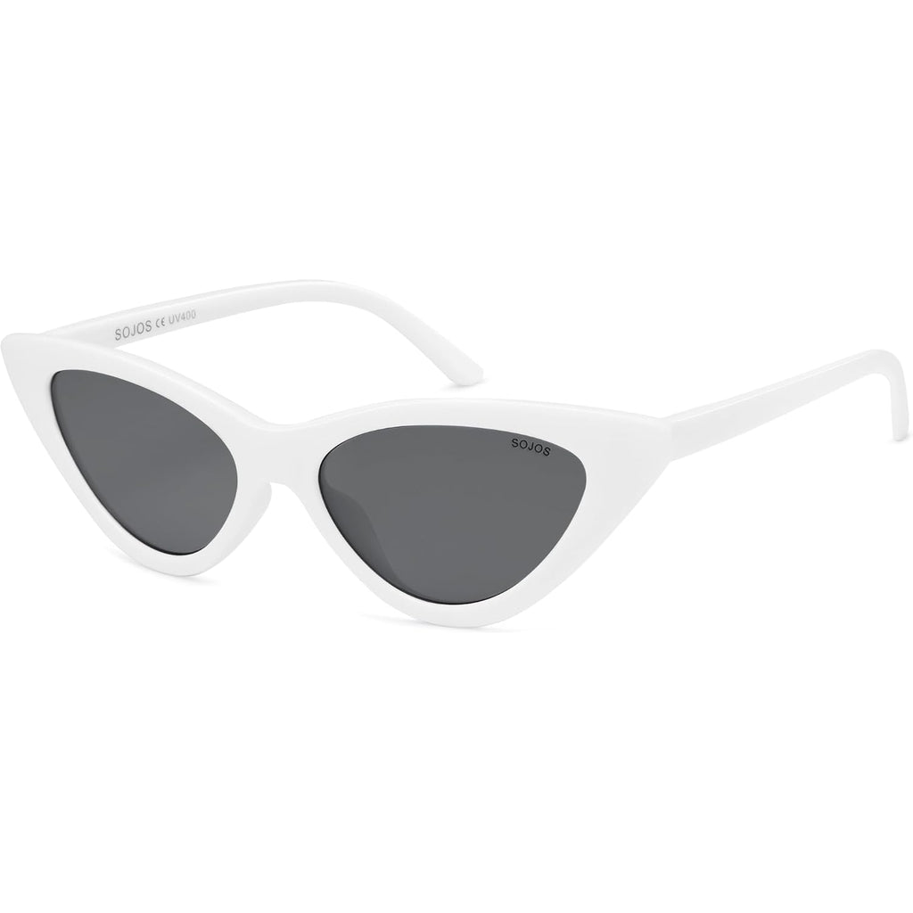 SOJOS Retro Vintage Narrow Cat Eye Sunglasses for Women Clout Goggles Plastic Frame SJ2044 Snow White Frame/Grey Lens