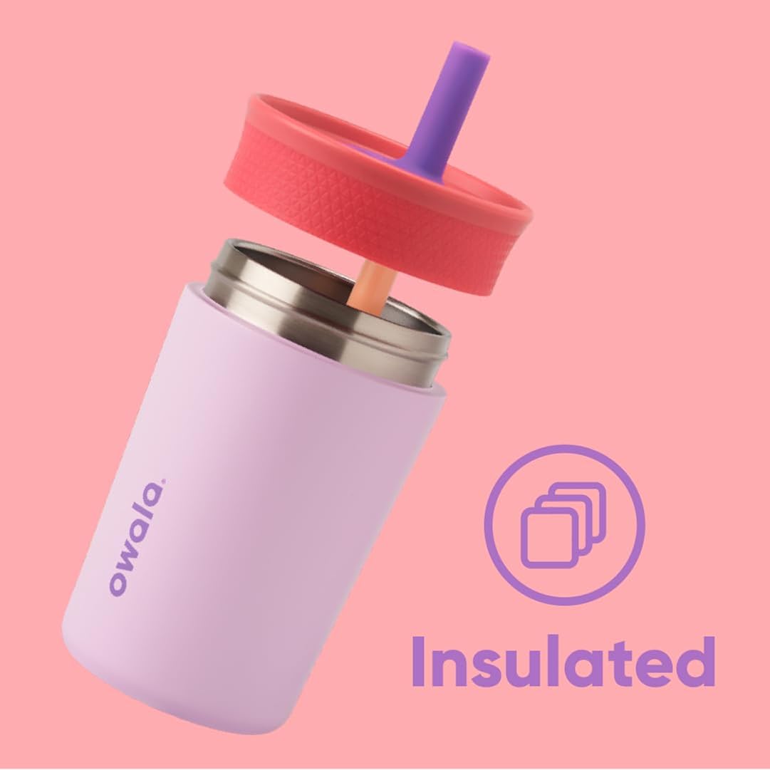 Owala Kids Insulation Stainless Steel Tumbler With Spill Resistant Flexible Straw, Easy To Clean, Kids Water Bottle, Great For Travel, Dishwasher Safe, 12 Oz, Pink And Purple (Lilac Rocket)