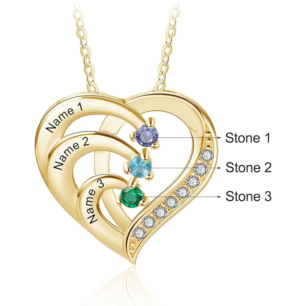 Jeweidea Personalized Sterling Silver Heart Necklace with Simulated Birthstones Custom Name Mother Daughter Promise Pendant for Women Mom Her