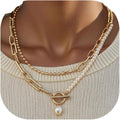 Gold Layered Pearl Chain Necklace for Women, 14K Gold Plated Pearl Link Toggle Clasp Necklace, Dainty Trendy Layered Choker Chunky Jewelry Fashion Gift for Women