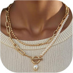 Gold Layered Pearl Chain Necklace for Women, 14K Gold Plated Pearl Link Toggle Clasp Necklace, Dainty Trendy Layered Choker Chunky Jewelry Fashion Gift for Women