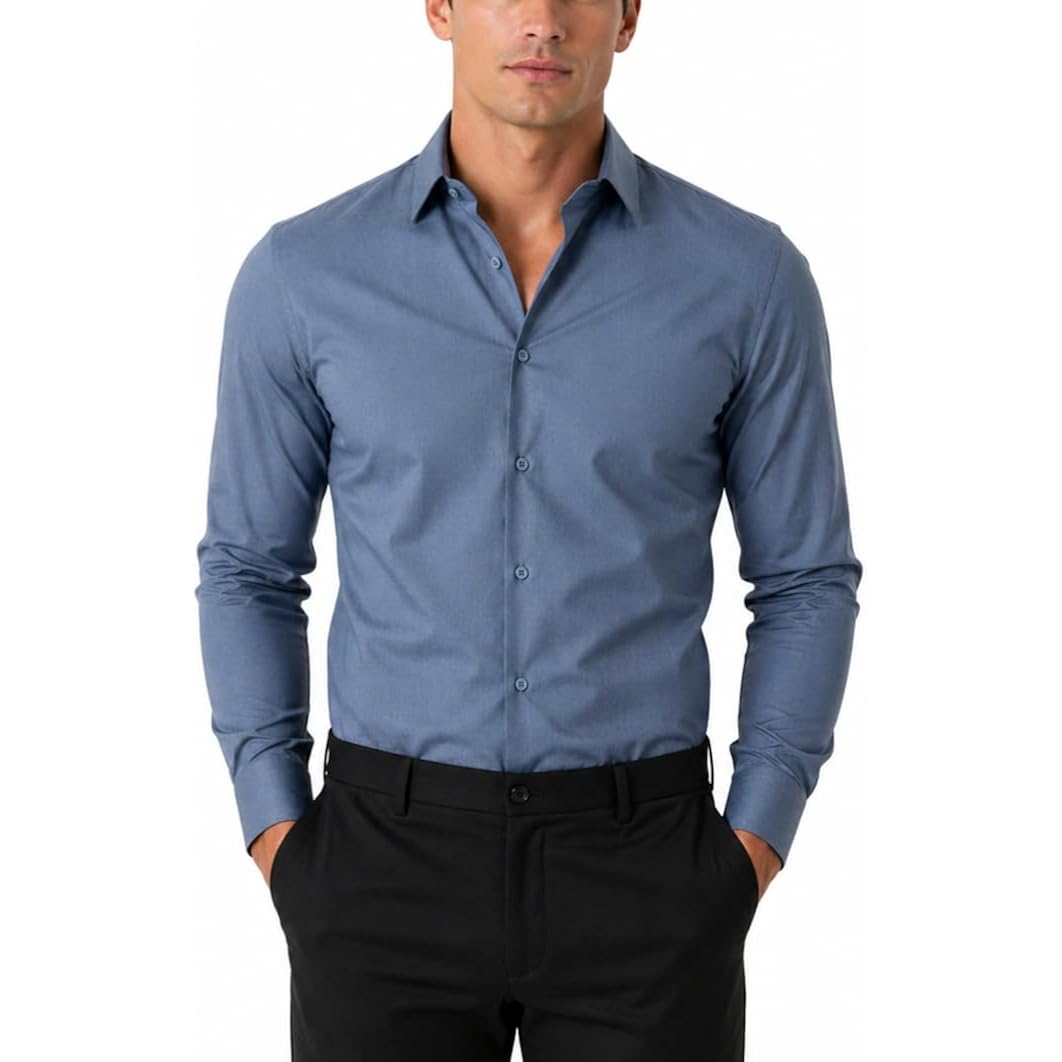 Men'S Dress Shirt Casual Regular Fit Stretch Solid Long Sleeve Button Up Shirts