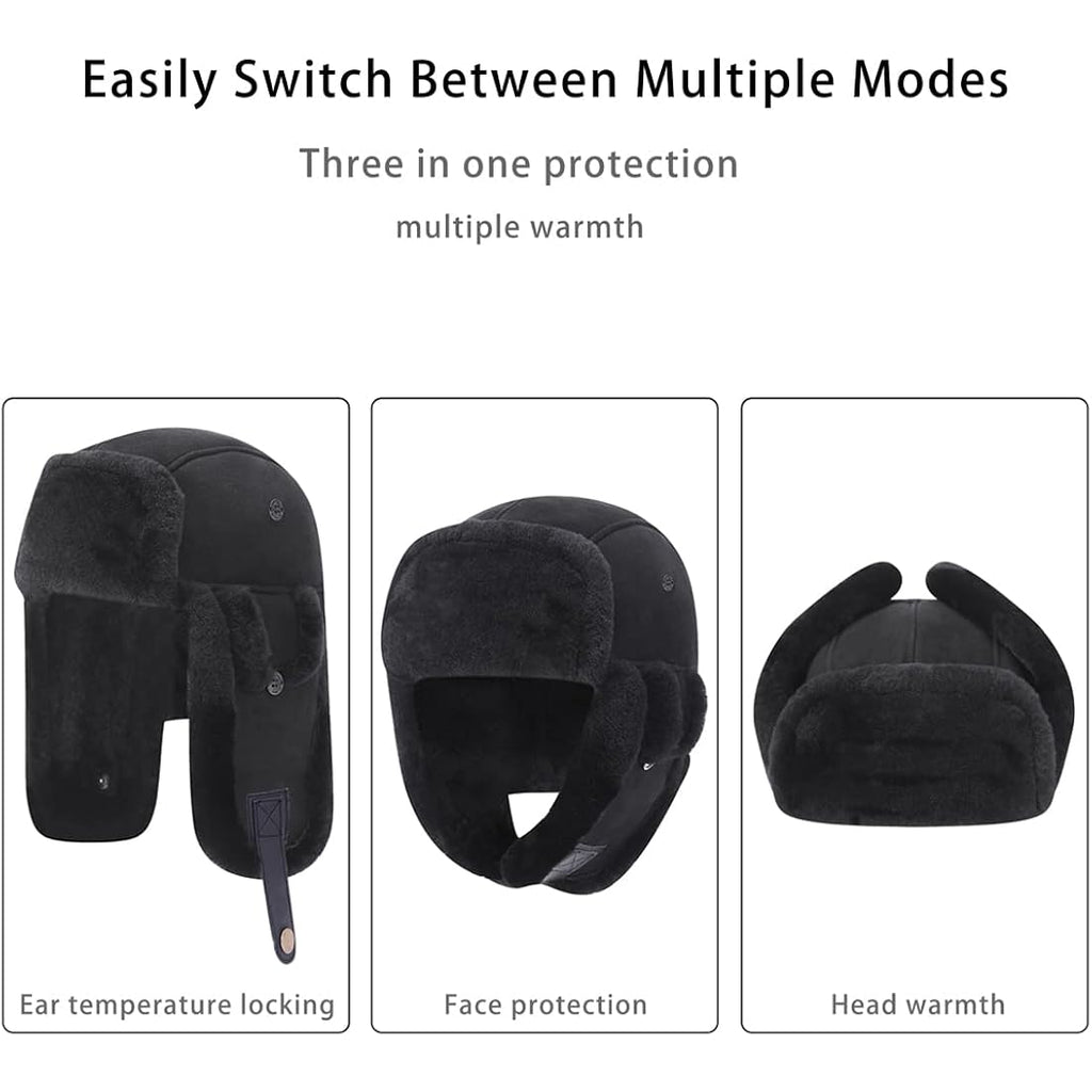 Harssidanzar Aviator Hat for Men Women Genuine Sheepskin Shearling Leather Winter Warm Trapper Hat CU603US