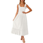 Zesica Women'S 2026 Summer Boho Spaghetti Strap Square Neck Solid Color Ruffle A Line Beach Long Maxi Dress
