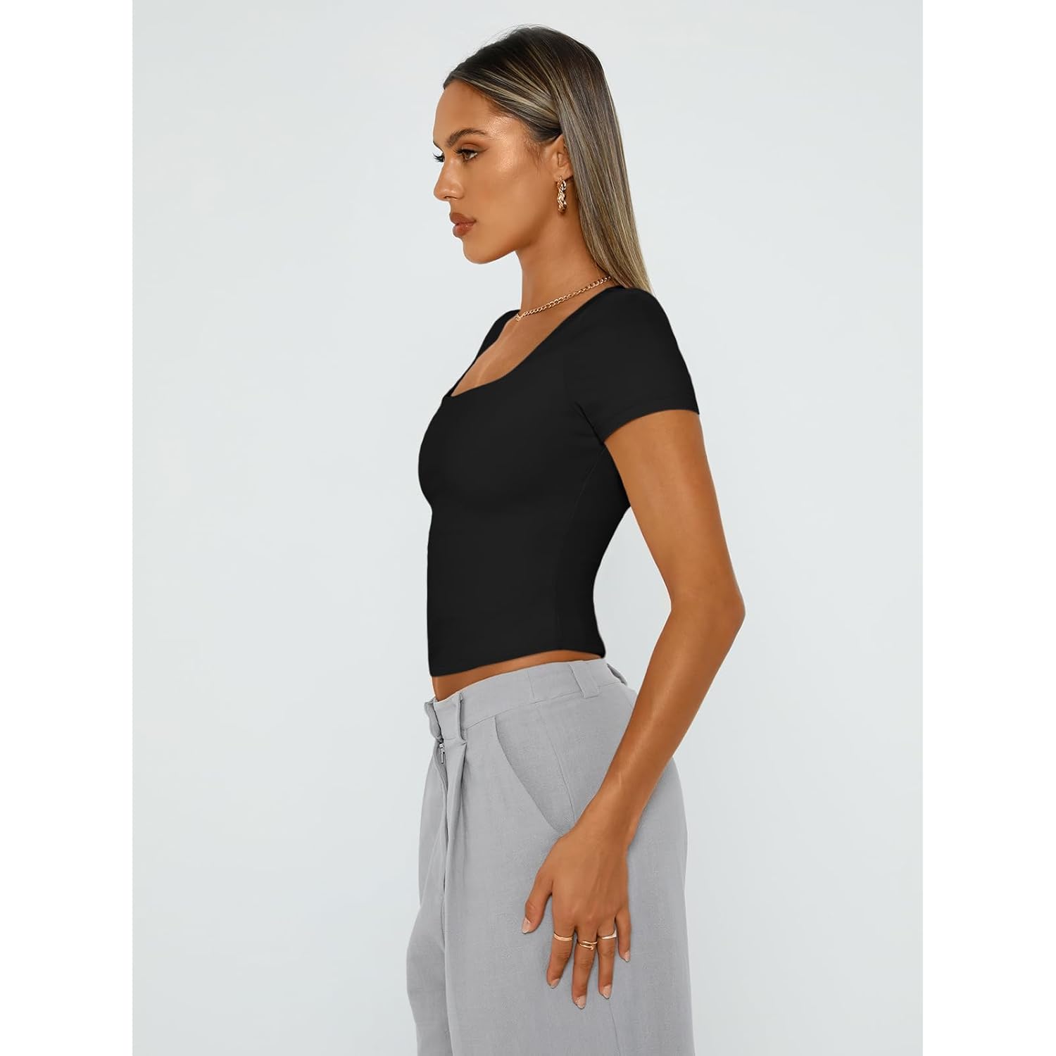 Double Lined Short Sleeve Tshirts for Women Square Neck Cute Crop Top Spring Summer Basic Tees Workout Going Out