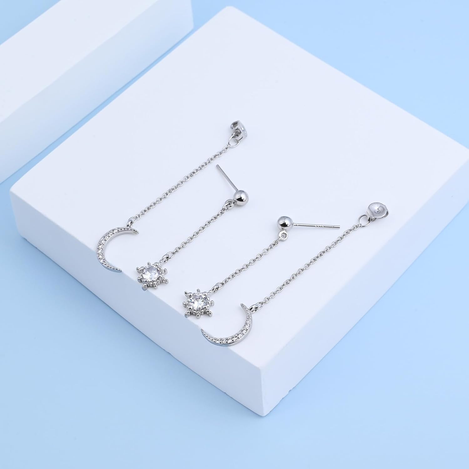 Moon and Star Dangle Earrings for Women Chain Tassel with Cubic Zirconia Drop Celestial Jewelry for Wedding Gift