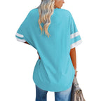 Fisoew Womens Oversized Tees Loose T Shirts Half Sleeve Crew Neck Color Block Cotton Tunic Tops