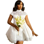 2026 High Neck Lace Wedding Dress Short Sleeve Button Applique A-Line Mini Bridal Gown Customized Civil Reception Party Dress
